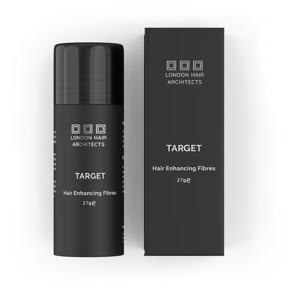 Black hair fiber product with packaging labeled 'London Hair Architects' on a white background