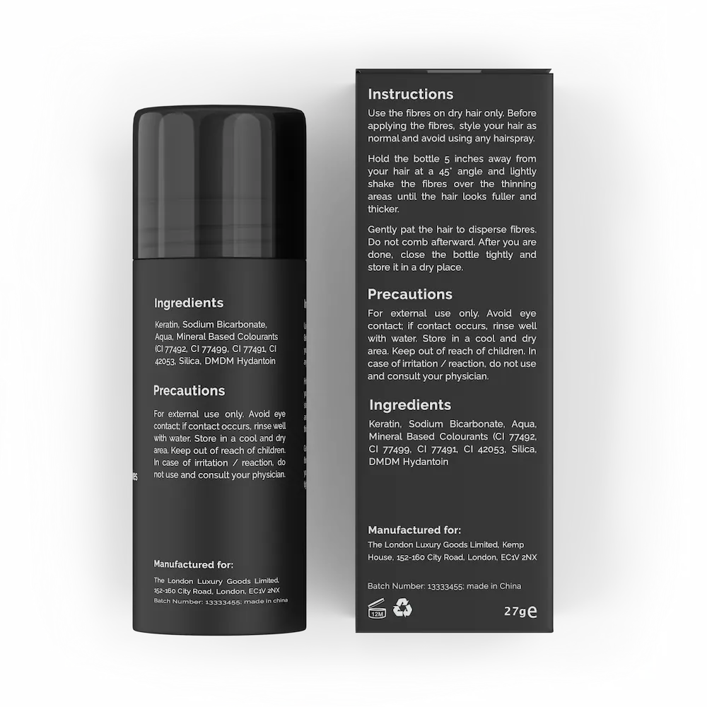 Hair fiber product with packaging displaying instructions and ingredients on a white background